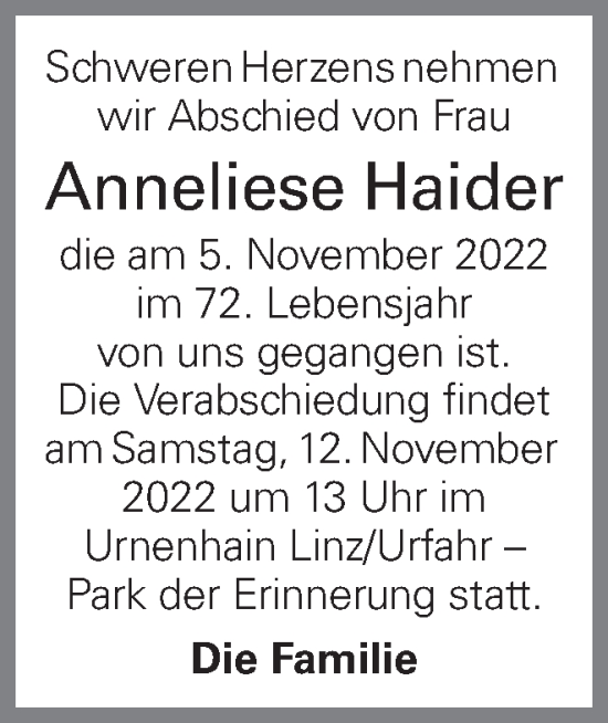 Traueranzeige von Anneliese Haider von OÖNachrichten