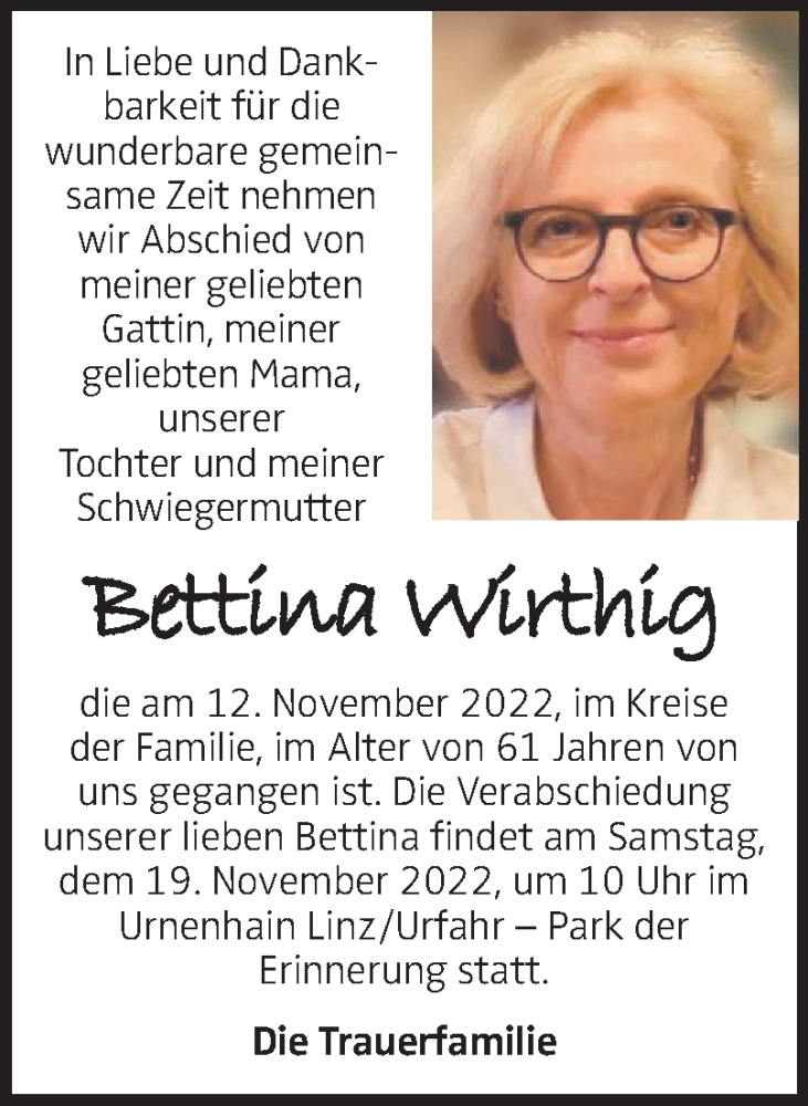  Traueranzeige für Bettina Wirthig vom 16.11.2022 aus OÖNachrichten