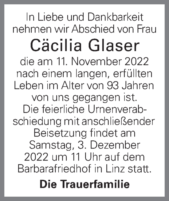 Traueranzeige von Cäcilia Glaser von OÖNachrichten