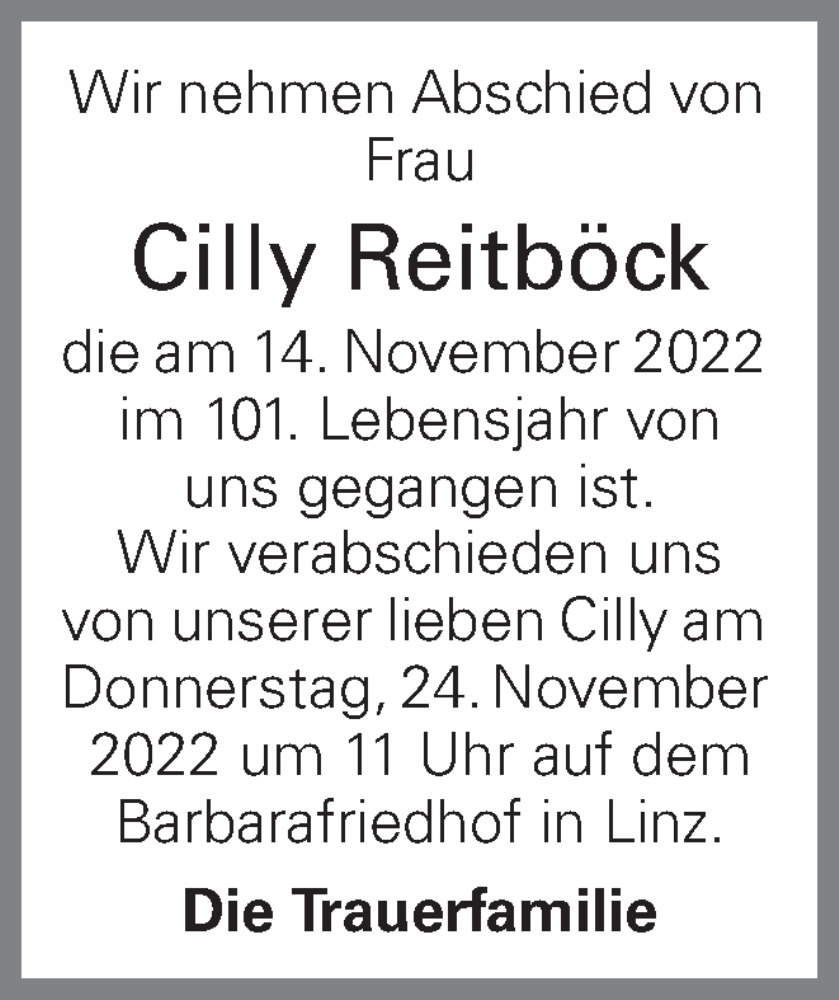  Traueranzeige für Cilly Reitböck vom 21.11.2022 aus OÖNachrichten