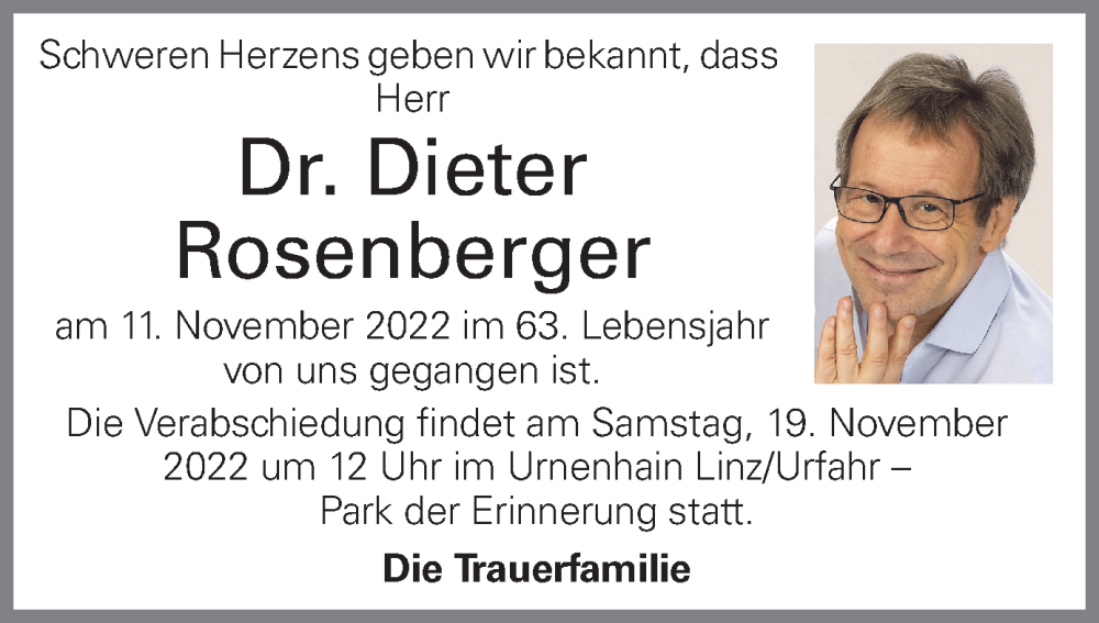  Traueranzeige für Dieter Rosenberger vom 15.11.2022 aus OÖNachrichten