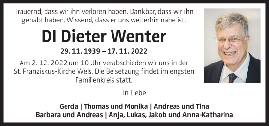 Traueranzeige von Dieter Wenter von OÖNachrichten