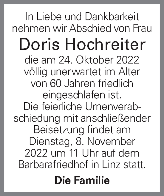 Traueranzeige von Doris Hochreiter von OÖNachrichten