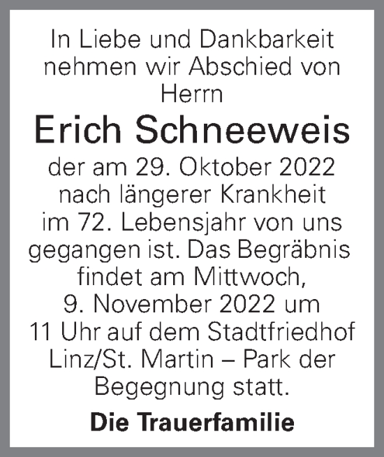 Traueranzeige von Erich Schneeweis von OÖNachrichten