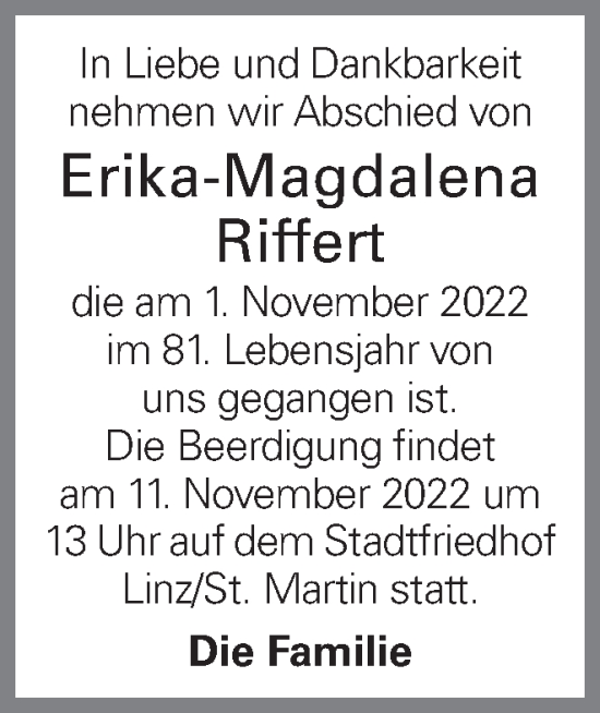 Traueranzeige von Erika-Magdalena Riffert von OÖNachrichten