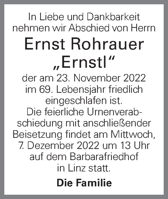 Traueranzeige von Ernst Rohrauer von OÖNachrichten