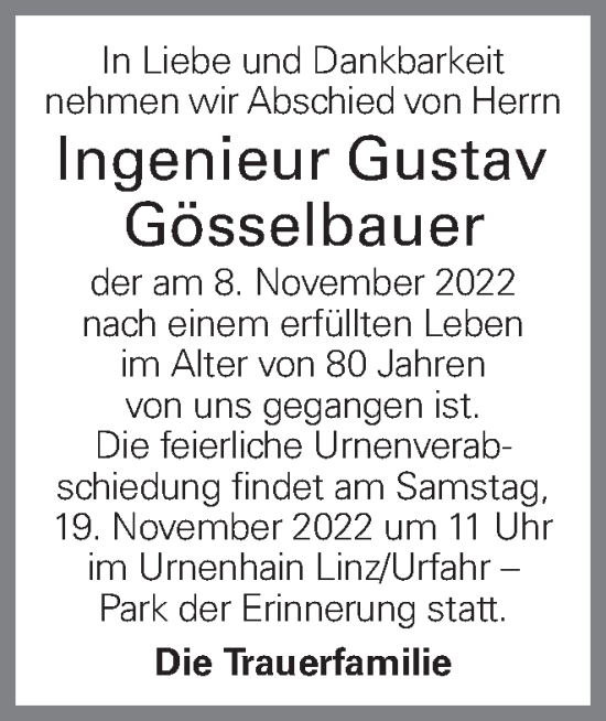 Traueranzeige von Gustav Gösselbauer von OÖNachrichten