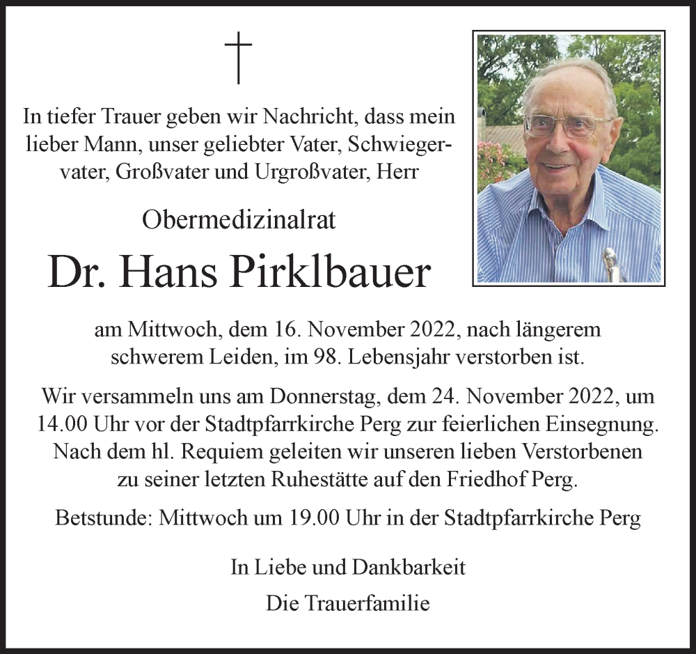  Traueranzeige für Hans Pirklbauer vom 19.11.2022 aus OÖNachrichten