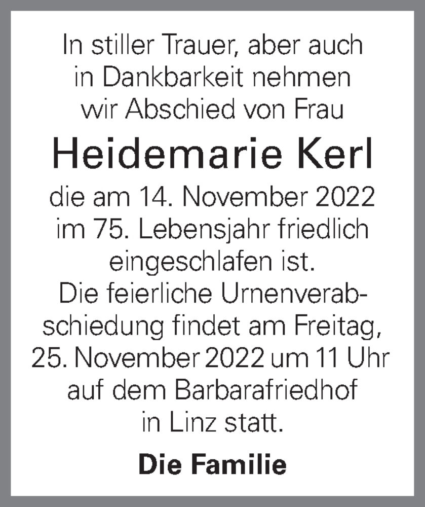  Traueranzeige für Heidemarie Kerl vom 21.11.2022 aus OÖNachrichten