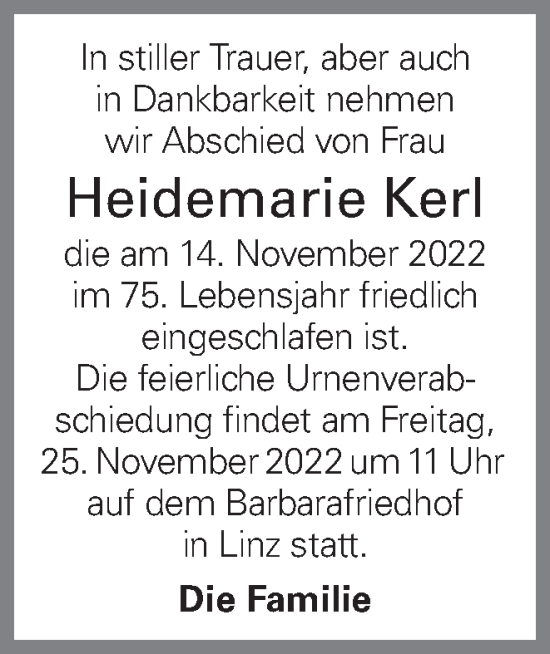 Traueranzeige von Heidemarie Kerl von OÖNachrichten