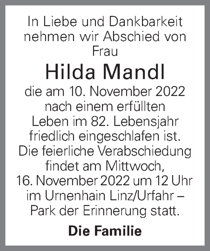  Traueranzeige für Hilda Mandl vom 16.11.2022 aus OÖNachrichten