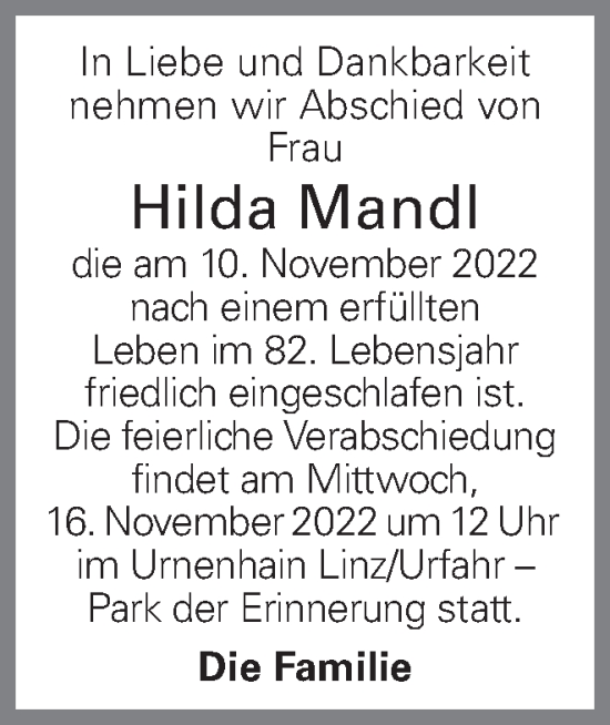 Traueranzeige von Hilda Mandl von OÖNachrichten