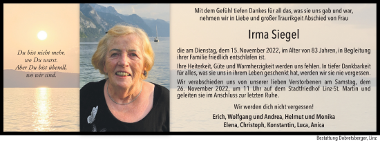 Traueranzeige von Irma Siegel von OÖNachrichten
