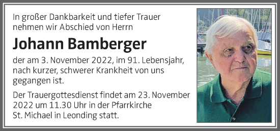 Traueranzeige von Johann Bamberger von OÖNachrichten