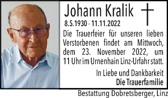 Traueranzeige von Johann Kralik von OÖNachrichten