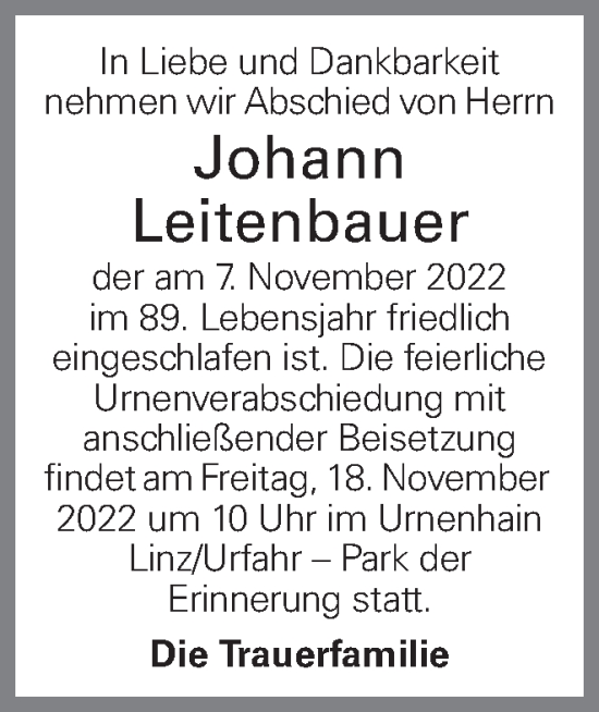 Traueranzeige von Johann Leitenbauer von OÖNachrichten