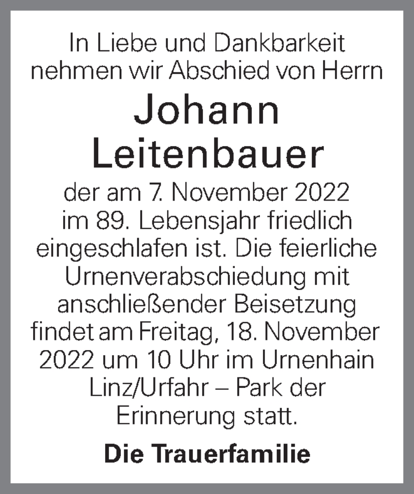  Traueranzeige für Johann Leitenbauer vom 12.11.2022 aus OÖNachrichten