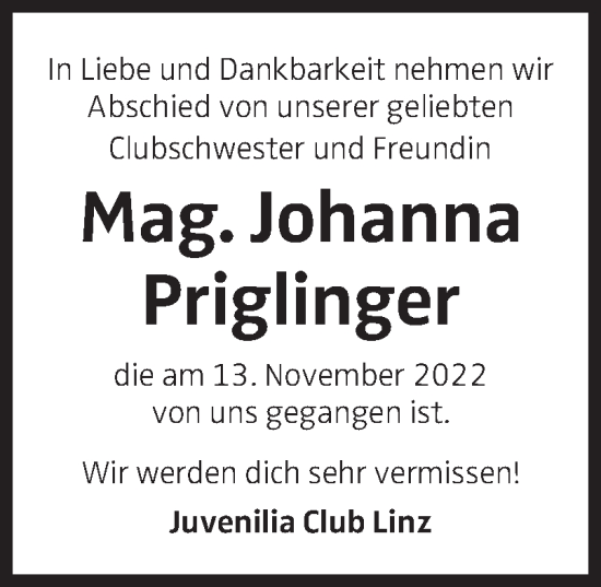 Traueranzeige von Johanna Priglinger von OÖNachrichten
