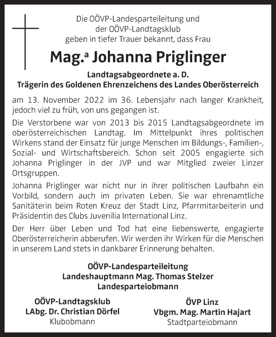 Traueranzeige von Johanna Priglinger von OÖNachrichten