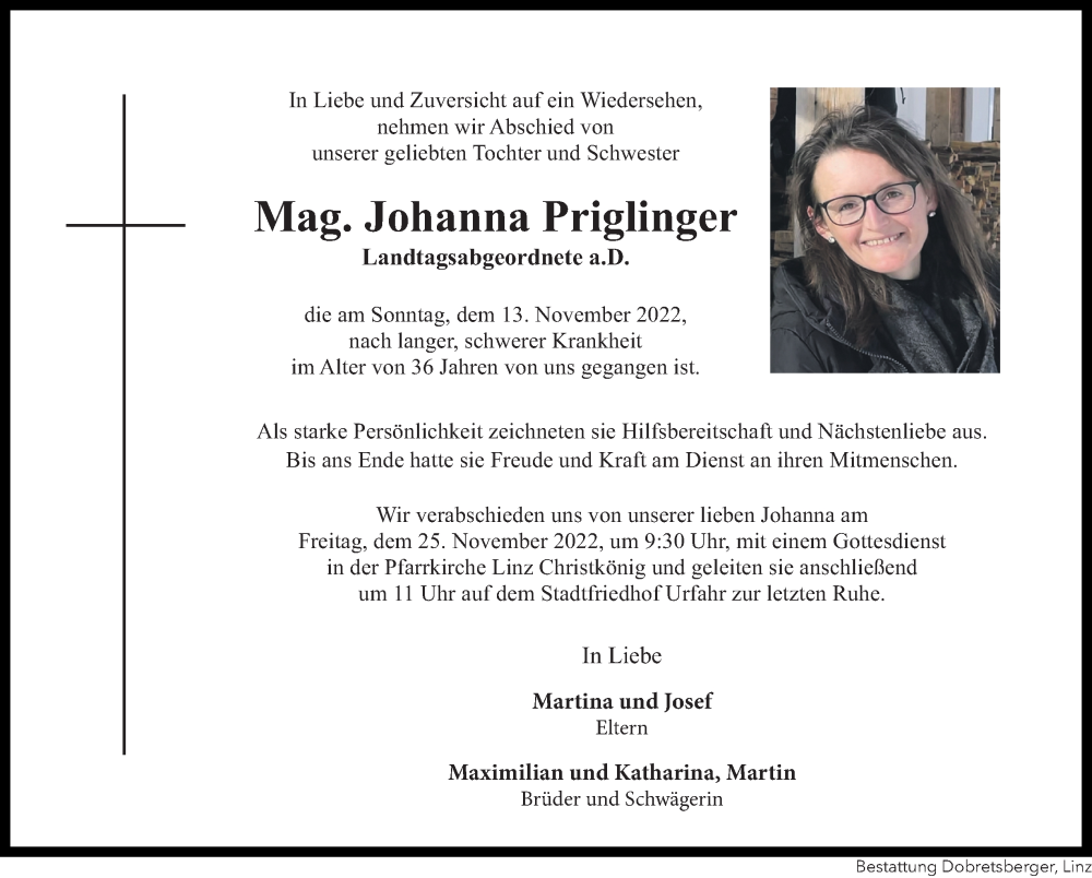  Traueranzeige für Johanna Prilinger vom 19.11.2022 aus OÖNachrichten