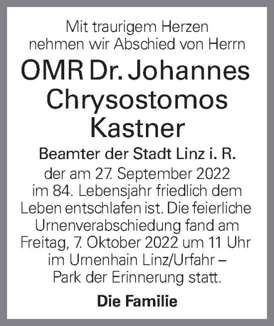 Traueranzeige von Johannes Chrysostomos Kastner von OÖNachrichten