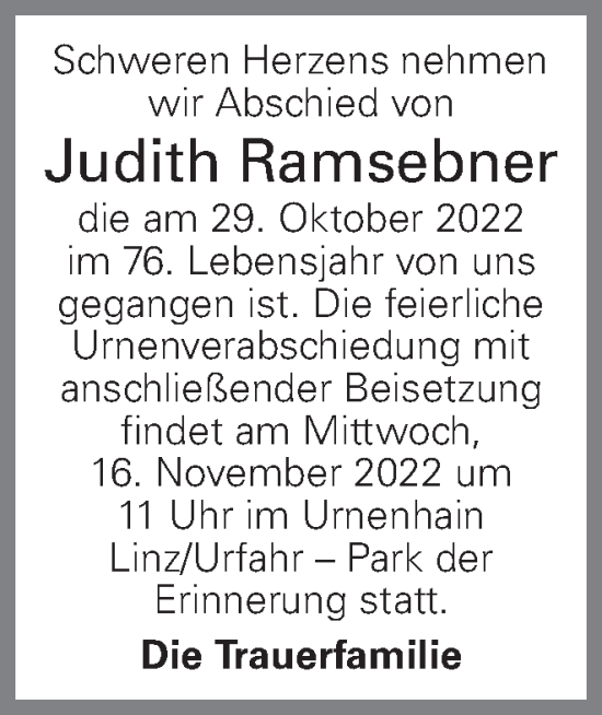 Traueranzeige von Judith Ramsebner von OÖNachrichten