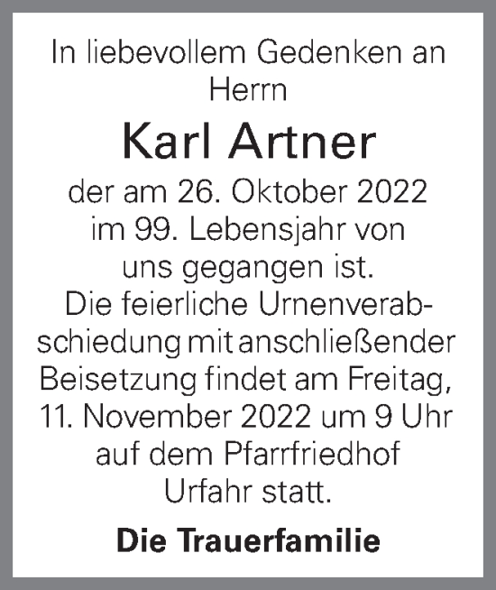 Traueranzeige von Karl Artner von OÖNachrichten