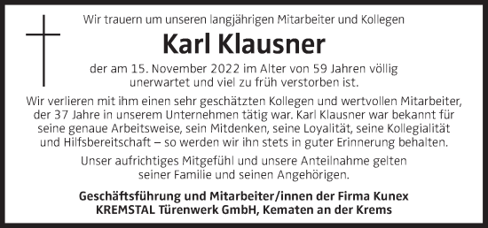 Traueranzeige von Karl Klausner von OÖNachrichten