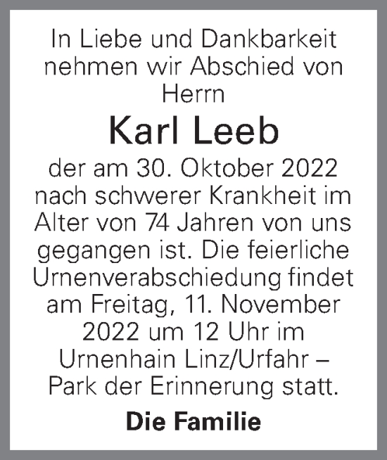 Traueranzeige von Karl Leeb von OÖNachrichten