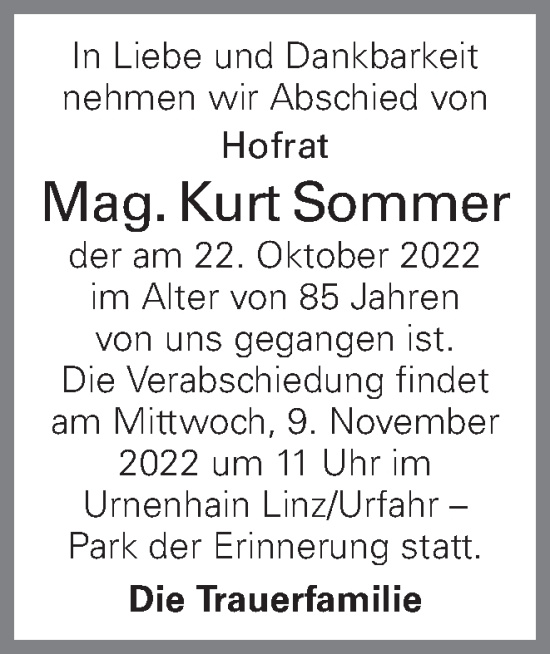 Traueranzeige von Kurt Sommer von OÖNachrichten