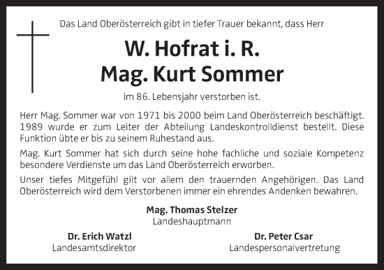 Traueranzeige von Kurt Sommer von OÖNachrichten