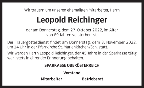 Traueranzeige von Leopold Reichinger von OÖNachrichten