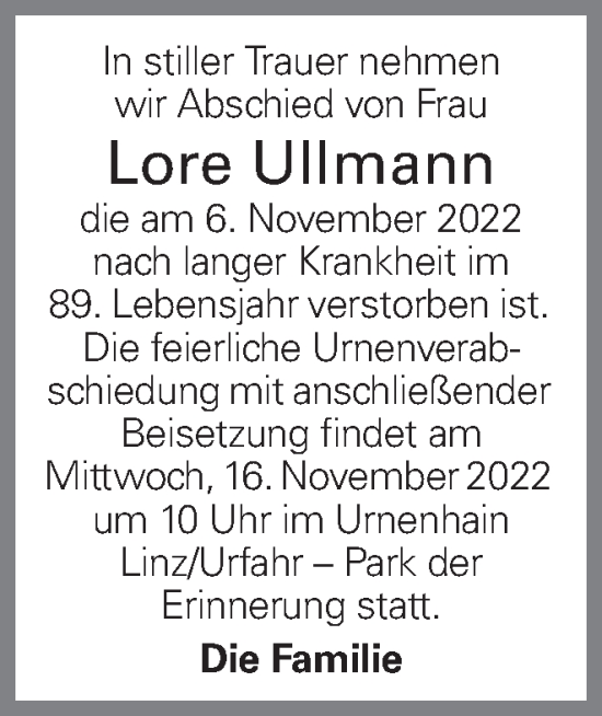 Traueranzeige von Lore Ullmann von OÖNachrichten