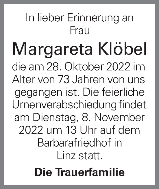 Traueranzeige von Margareta Klöbel von OÖNachrichten