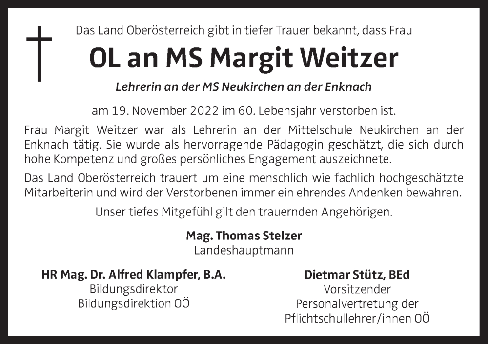  Traueranzeige für Margit Weitzer vom 25.11.2022 aus OÖNachrichten