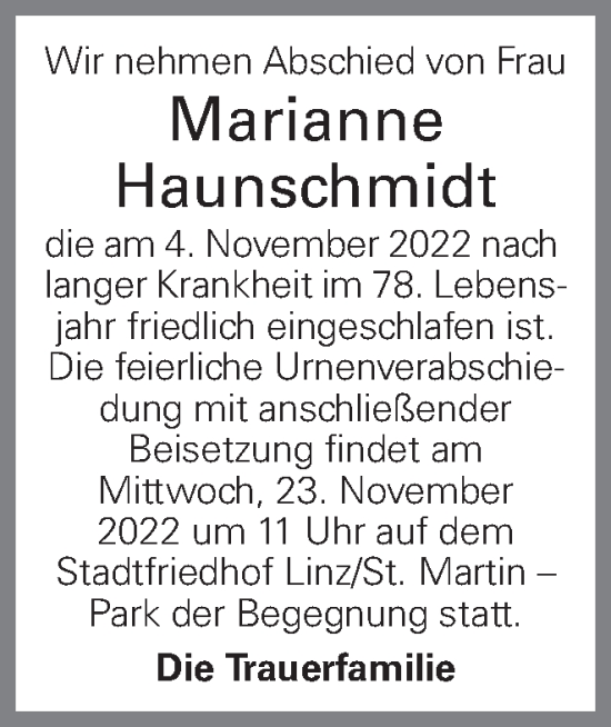 Traueranzeige von Marianne Haunschmidt von OÖNachrichten