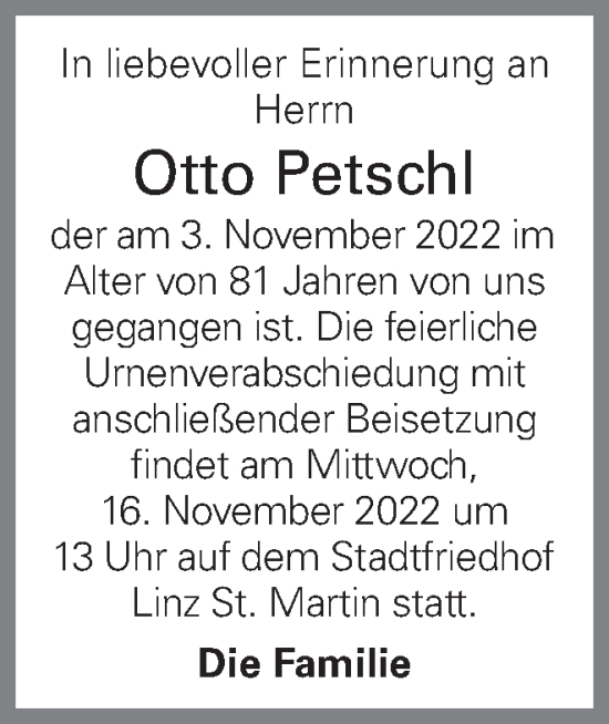 Traueranzeige von Otto Petschl von OÖNachrichten