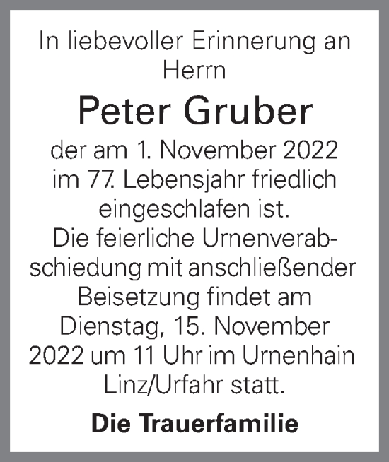 Traueranzeige von Peter Gruber von OÖNachrichten