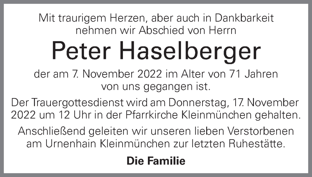  Traueranzeige für Peter Haselberger vom 12.11.2022 aus OÖNachrichten