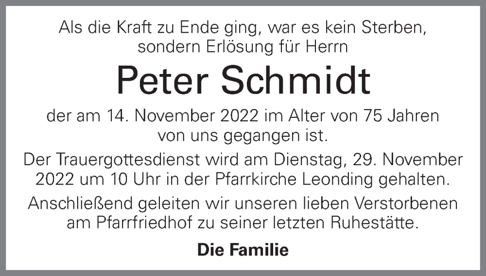  Traueranzeige für Peter Schmidt vom 23.11.2022 aus OÖNachrichten