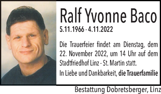 Traueranzeige von Ralf Yvonne Baco von OÖNachrichten