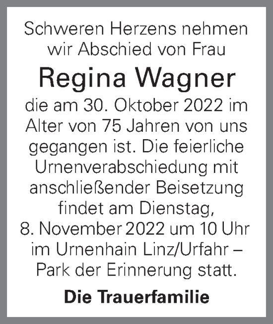Traueranzeige von Regina Wagner von OÖNachrichten