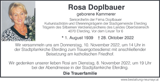 Traueranzeige von Rosa Doplbauer von OÖNachrichten