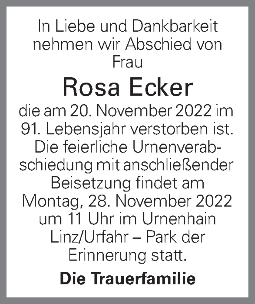  Traueranzeige für Rosa Ecker vom 25.11.2022 aus OÖNachrichten