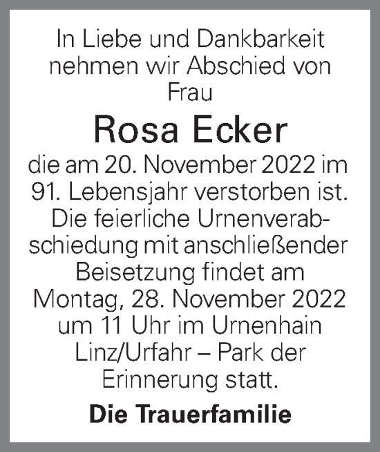 Traueranzeige von Rosa Ecker von OÖNachrichten