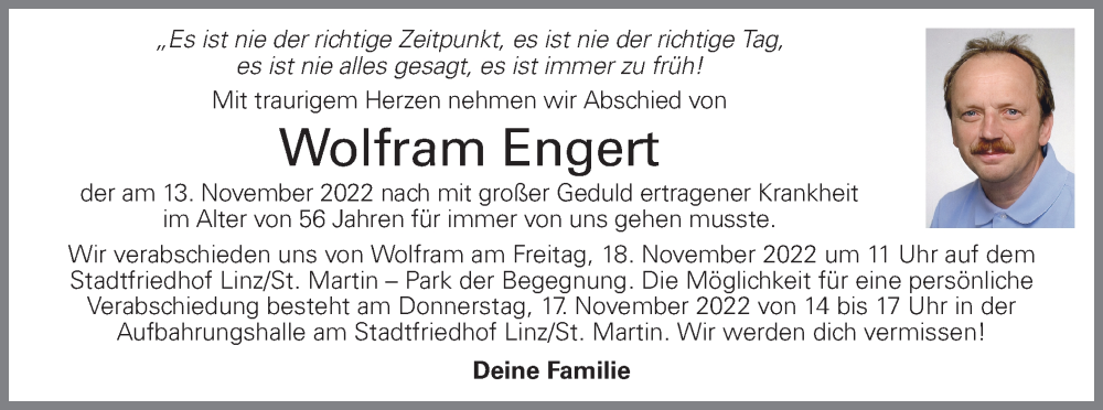  Traueranzeige für Wolfram Engert vom 16.11.2022 aus OÖNachrichten