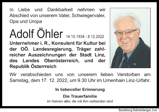Traueranzeige von Adolf Öhler von OÖNachrichten