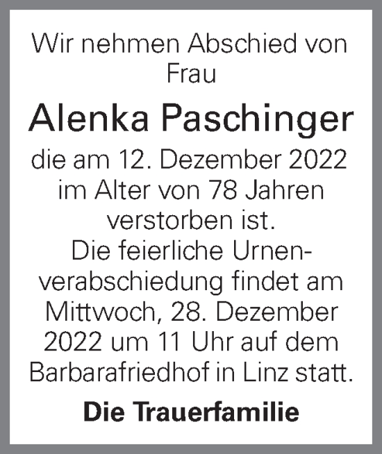 Traueranzeige von Alenka Paschinger von OÖNachrichten