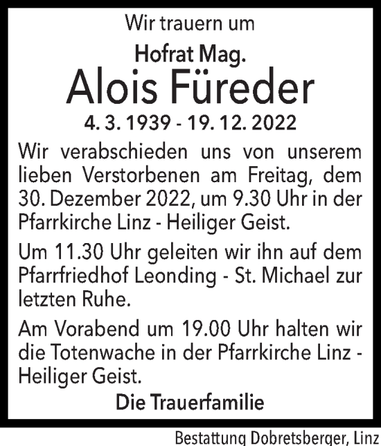 Traueranzeige von Alois Füreder von OÖNachrichten