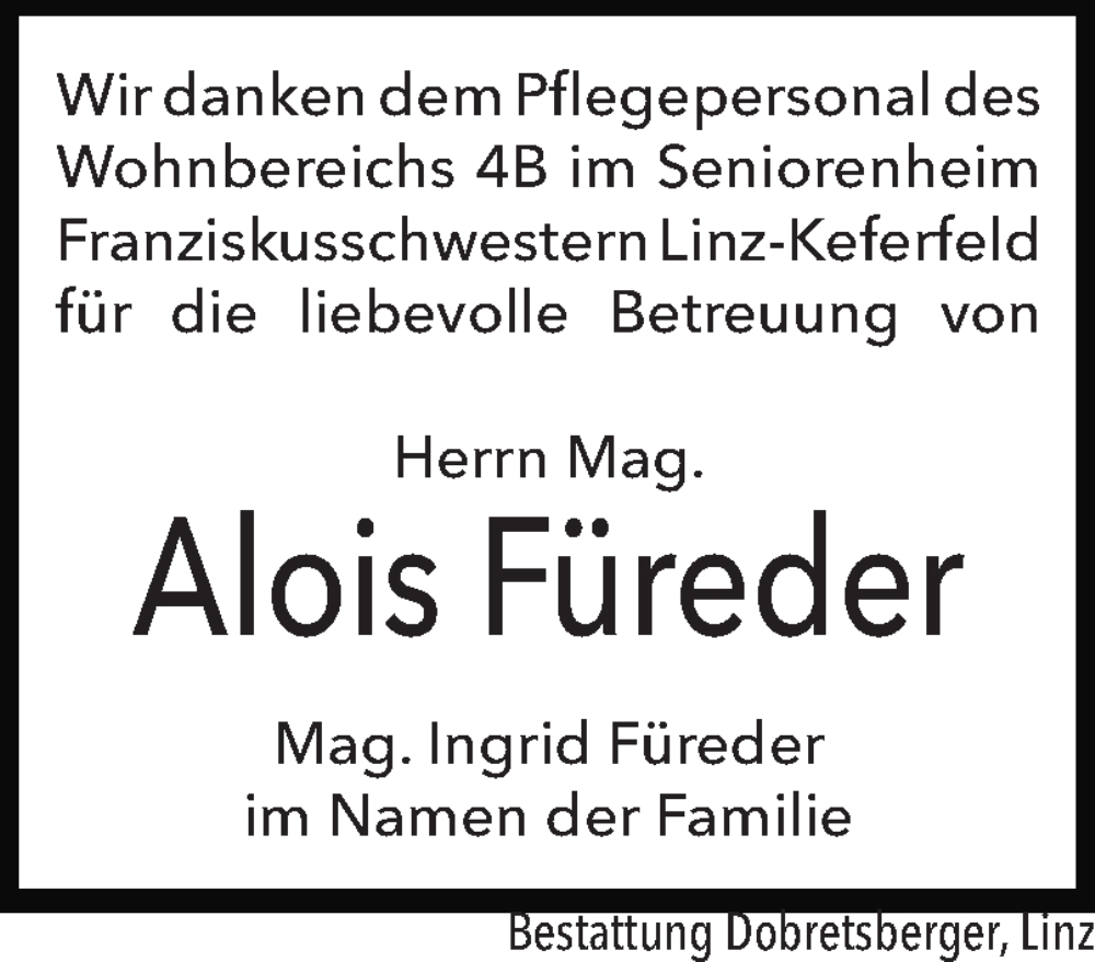 Traueranzeigen von Alois Füreder wirtrauern.at
